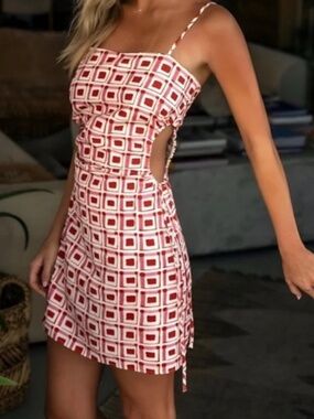 ZARA Cut Out Dress Sz Small Linen Mini Geometric Cinch Red Pink Spaghetti Strap